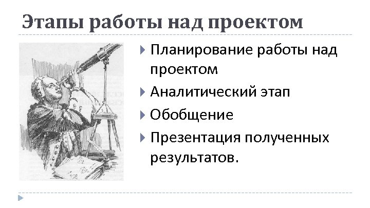 Этапы работы над проектом Планирование работы над проектом Аналитический этап Обобщение Презентация полученных результатов.