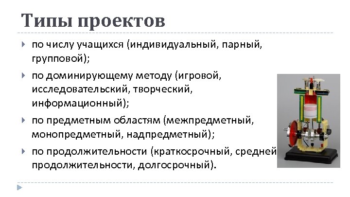 Типы проектов по числу учащихся (индивидуальный, парный, групповой); по доминирующему методу (игровой, исследовательский, творческий,