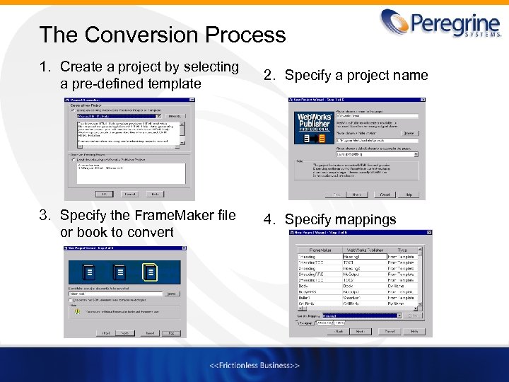 The Conversion Process 1. Create a project by selecting a pre-defined template 2. Specify