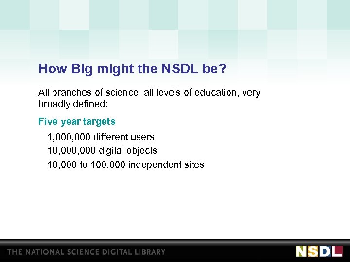 How Big might the NSDL be? All branches of science, all levels of education,