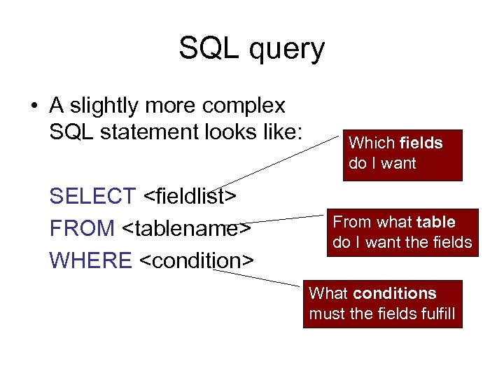 SQL query • A slightly more complex SQL statement looks like: SELECT <fieldlist> FROM