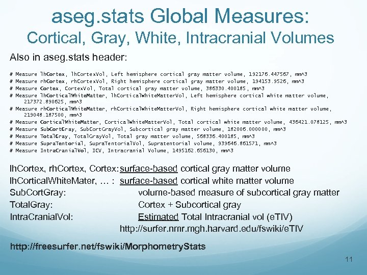 aseg. stats Global Measures: Cortical, Gray, White, Intracranial Volumes Also in aseg. stats header: