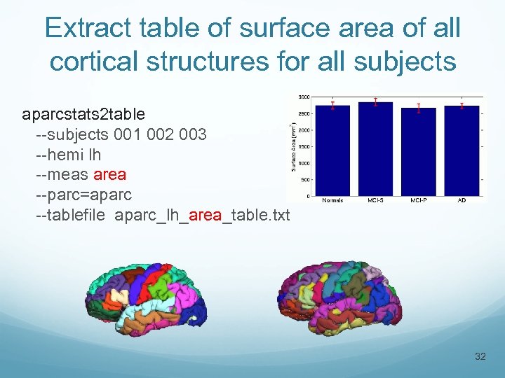 Extract table of surface area of all cortical structures for all subjects aparcstats 2