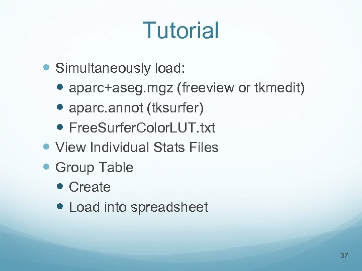 Tutorial Simultaneously load: aparc+aseg. mgz (freeview or tkmedit) aparc. annot (tksurfer) Free. Surfer. Color.