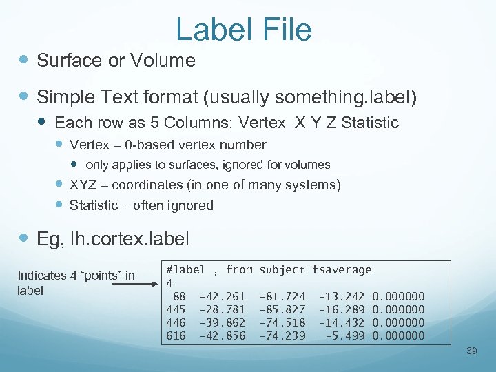 Label File Surface or Volume Simple Text format (usually something. label) Each row as