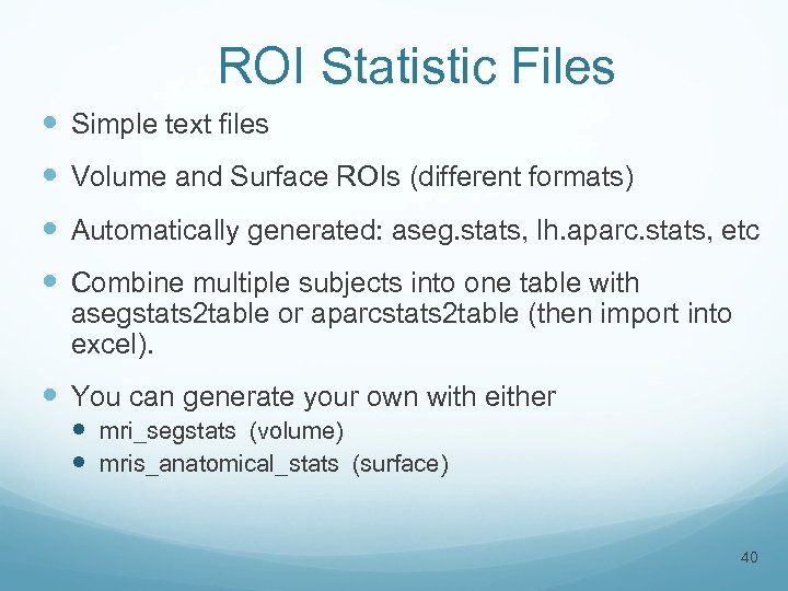 ROI Statistic Files Simple text files Volume and Surface ROIs (different formats) Automatically generated: