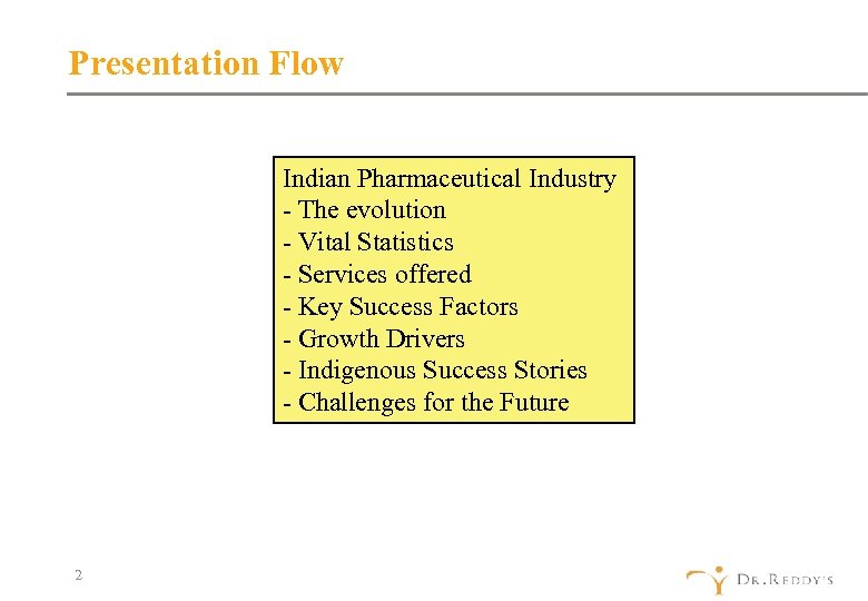 Presentation Flow Indian Pharmaceutical Industry - The evolution - Vital Statistics - Services offered