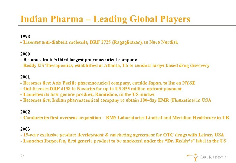 Indian Pharma – Leading Global Players 1998 - Licenses anti-diabetic molecule, DRF 2725 (Ragaglitazar),