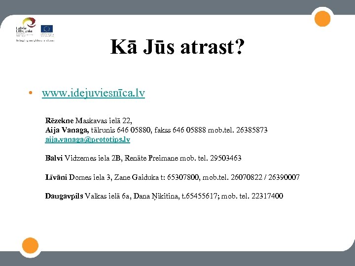 Kā Jūs atrast? • www. idejuviesnīca. lv Rēzekne Maskavas ielā 22, Aija Vanaga, tālrunis