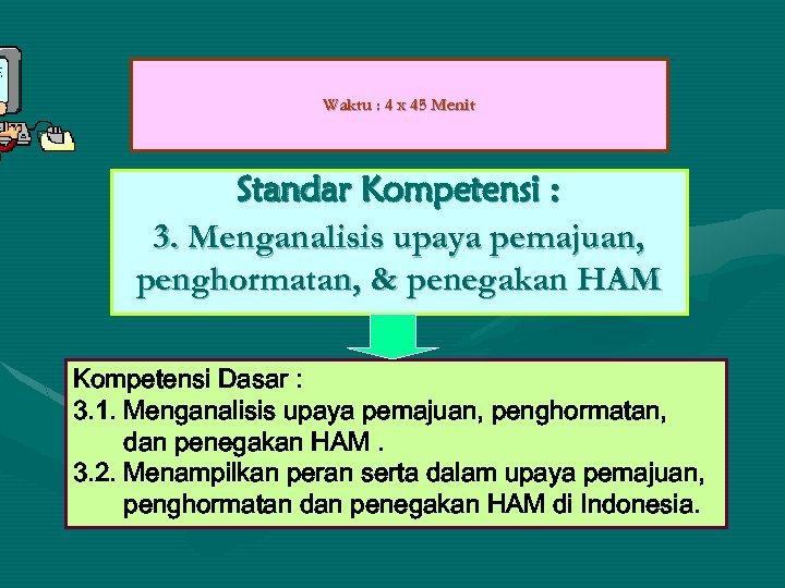 Waktu : 4 x 45 Menit Standar Kompetensi : 3. Menganalisis upaya pemajuan, penghormatan,