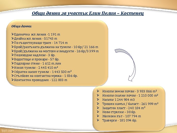 Общи данни за участък Елин Пелин – Костенец Общи данни: ØЕдинична жп линия -1