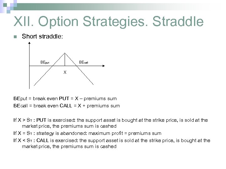 XII. Option Strategies. Straddle n Short straddle: BEput BEcall X BEput = break even