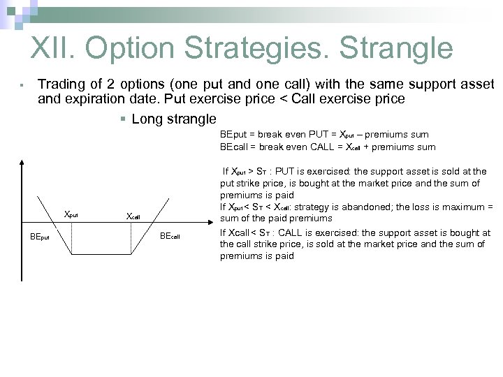 XII. Option Strategies. Strangle § Trading of 2 options (one put and one call)