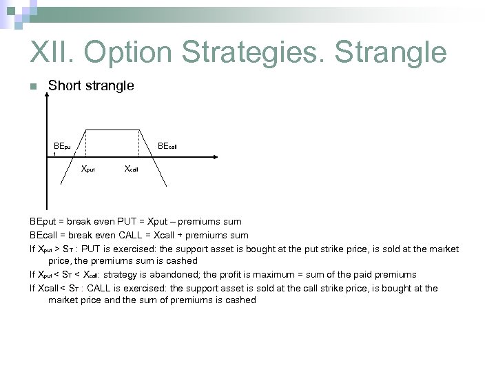 XII. Option Strategies. Strangle n Short strangle BEpu BEcall t Xput Xcall BEput =