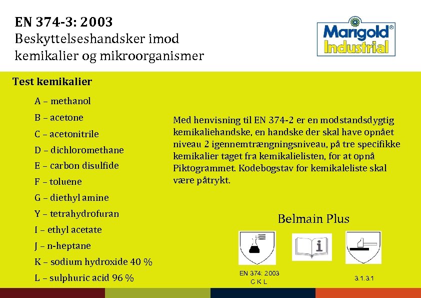 EN 374 -3: 2003 Beskyttelseshandsker imod kemikalier og mikroorganismer Test kemikalier A – methanol