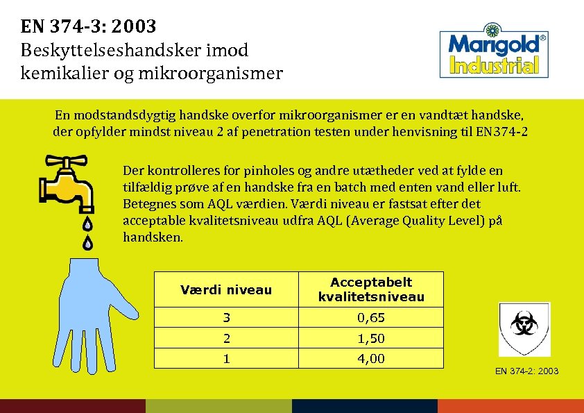 EN 374 -3: 2003 Beskyttelseshandsker imod kemikalier og mikroorganismer En modstandsdygtig handske overfor mikroorganismer