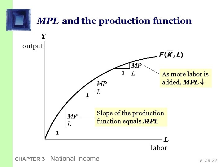MPL and the production function Y output 1 1 MP L As more labor