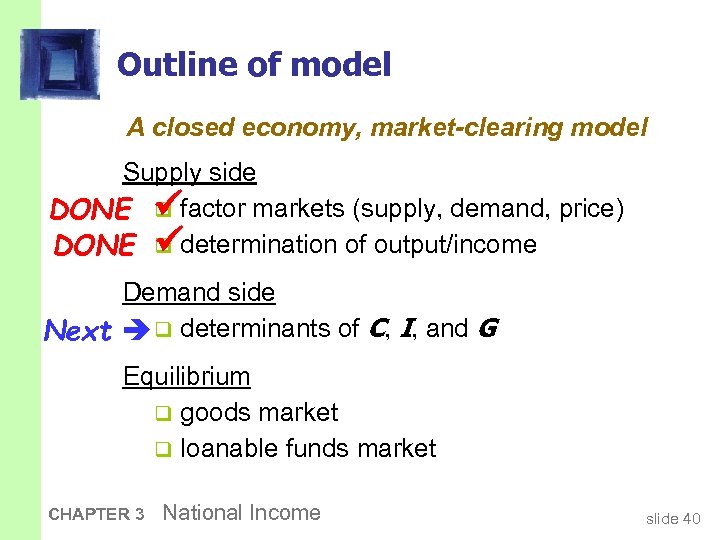 Outline of model A closed economy, market-clearing model Supply side DONE q factor markets