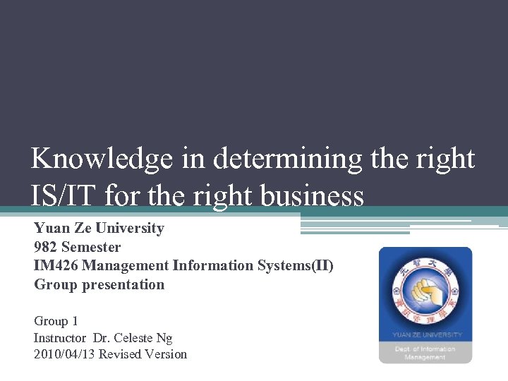 Knowledge in determining the right IS/IT for the right business Yuan Ze University 982