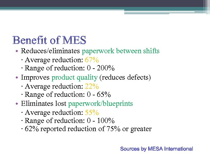 Benefit of MES • Reduces/eliminates paperwork between shifts ‧ Average reduction: 67% ‧ Range