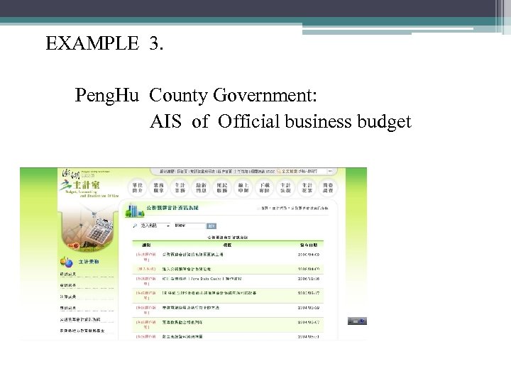 EXAMPLE 3. Peng. Hu County Government: AIS of Official business budget 