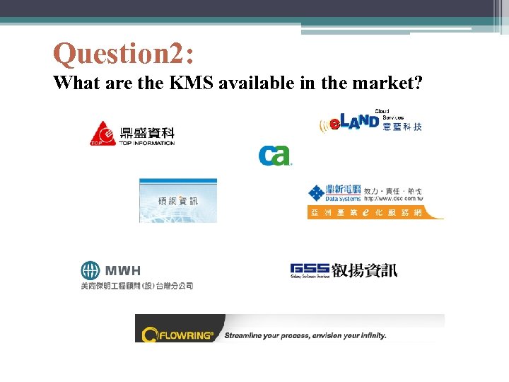 Question 2: What are the KMS available in the market? 