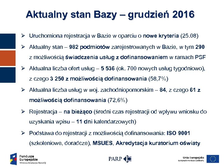 Aktualny stan Bazy – grudzień 2016 Ø Uruchomiona rejestracja w Bazie w oparciu o
