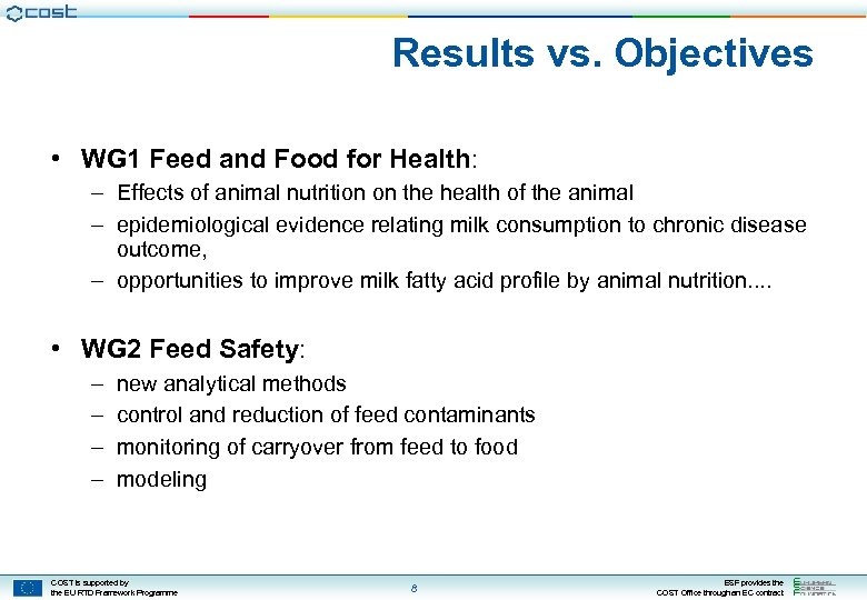 Results vs. Objectives • WG 1 Feed and Food for Health: – Effects of