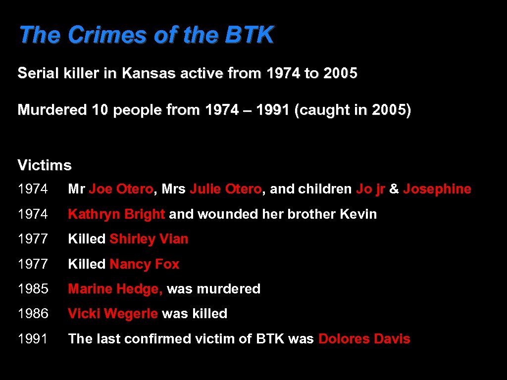 The Crimes of the BTK Serial killer in Kansas active from 1974 to 2005