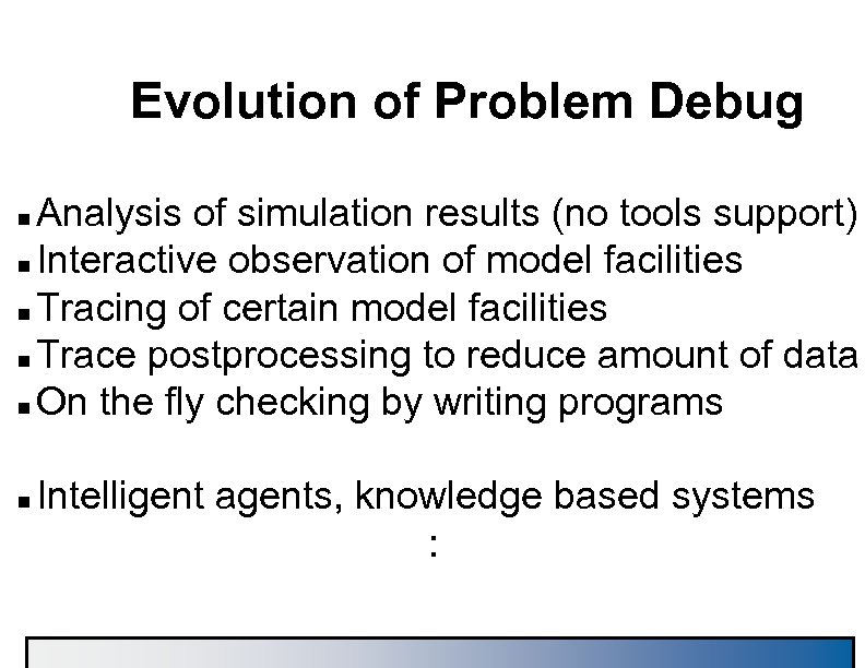 Evolution of Problem Debug Analysis of simulation results (no tools support) n Interactive observation