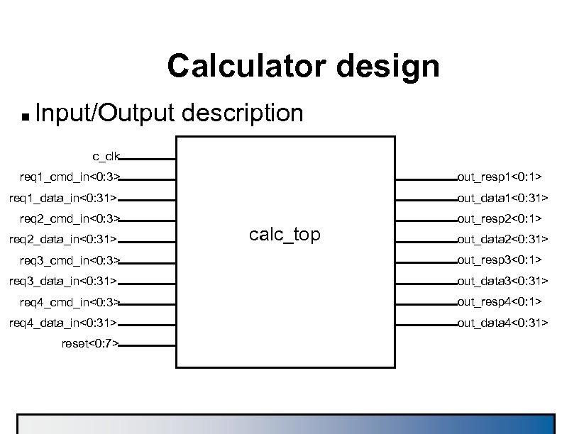 Calculator design n Input/Output description c_clk req 1_cmd_in<0: 3> out_resp 1<0: 1> req 1_data_in<0: