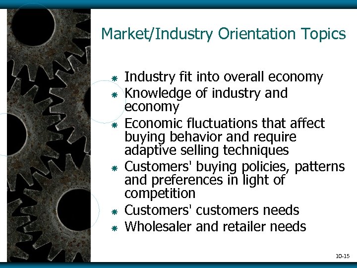 Market/Industry Orientation Topics ã ã ã Industry fit into overall economy Knowledge of industry