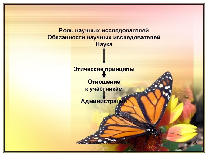 Роль научных исследователей Обязанности научных исследователей Наука Этические принципы Отношение к участникам Администрация проф.
