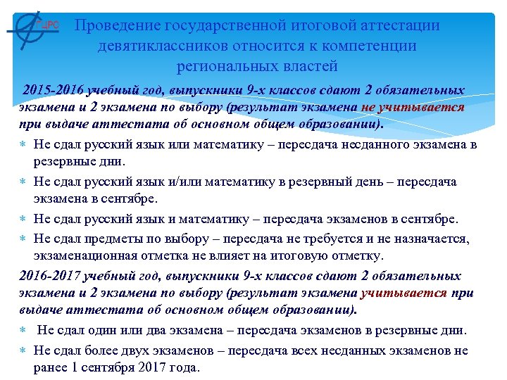 Проведение государственной итоговой аттестации девятиклассников относится к компетенции региональных властей 2015 -2016 учебный год,