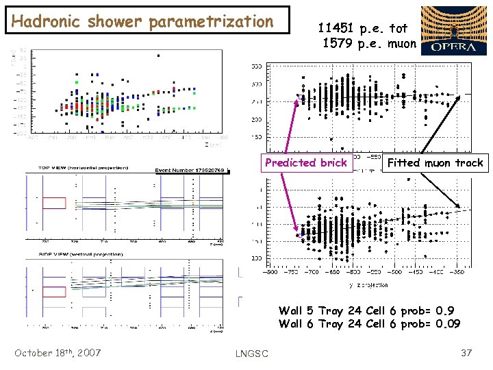 Hadronic shower parametrization 11451 p. e. tot 1579 p. e. muon Predicted brick Fitted