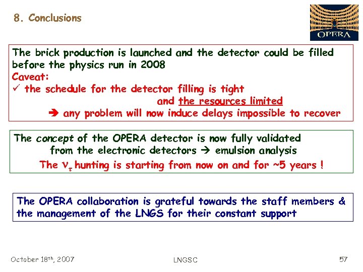 8. Conclusions The brick production is launched and the detector could be filled before