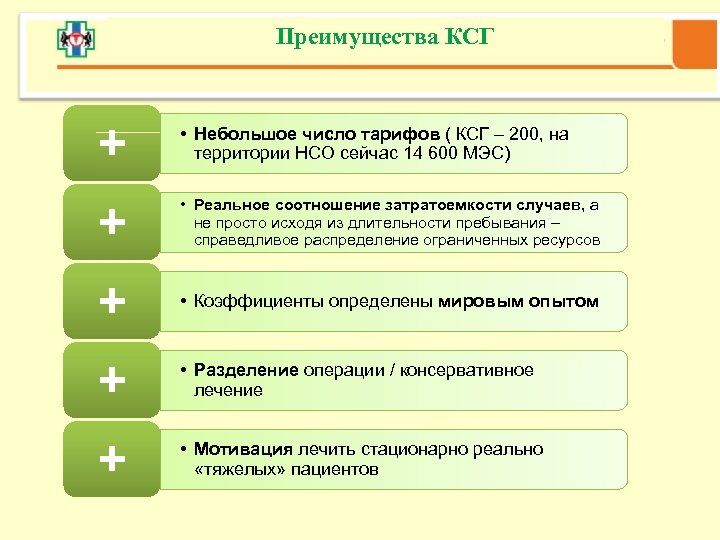 Преимущества КСГ + • Небольшое число тарифов ( КСГ – 200, на территории НСО