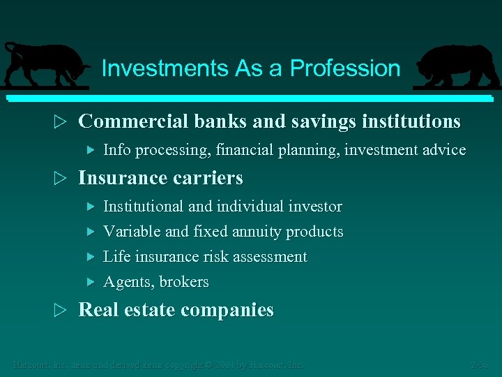 Investments As a Profession w Commercial banks and savings institutions w Info processing, financial