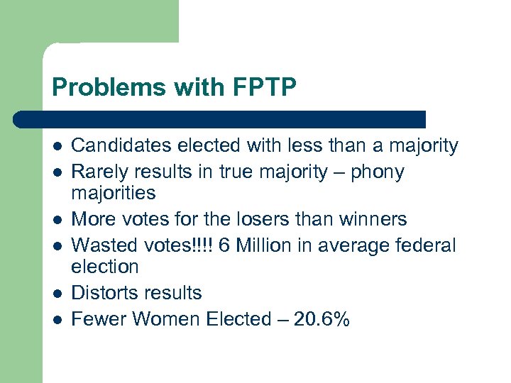 Problems with FPTP l l l Candidates elected with less than a majority Rarely