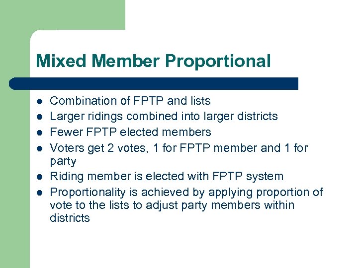 Mixed Member Proportional l l l Combination of FPTP and lists Larger ridings combined