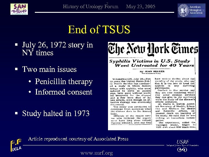 7 History of Urology Forum May 23, 2005 End of TSUS § July 26,