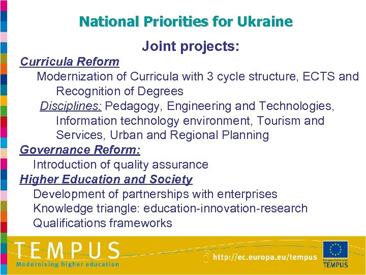 National Priorities for Ukraine Joint projects: Curricula Reform Modernization of Curricula with 3 cycle