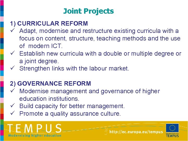 Joint Projects 1) CURRICULAR REFORM ü Adapt, modernise and restructure existing curricula with a