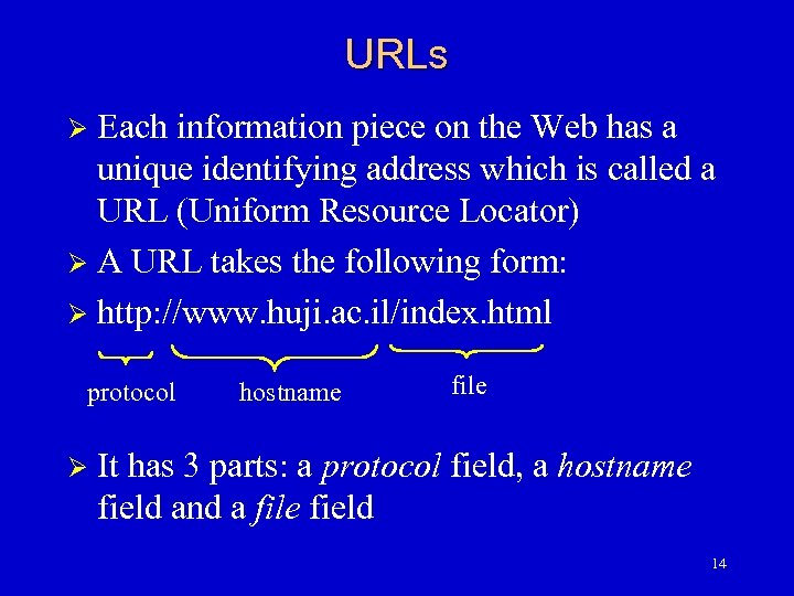 URLs Each information piece on the Web has a unique identifying address which is