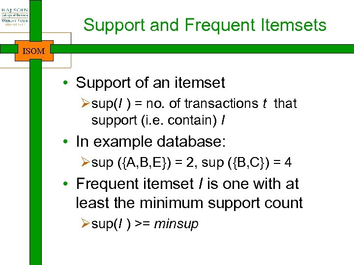 Support and Frequent Itemsets ISOM • Support of an itemset Øsup(I ) = no.