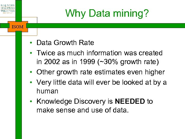 Why Data mining? ISOM • Data Growth Rate • Twice as much information was