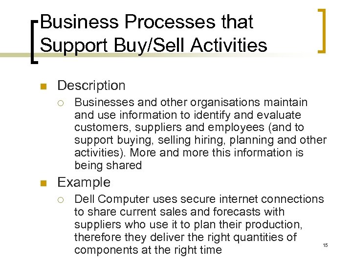 Business Processes that Support Buy/Sell Activities n Description ¡ n Businesses and other organisations