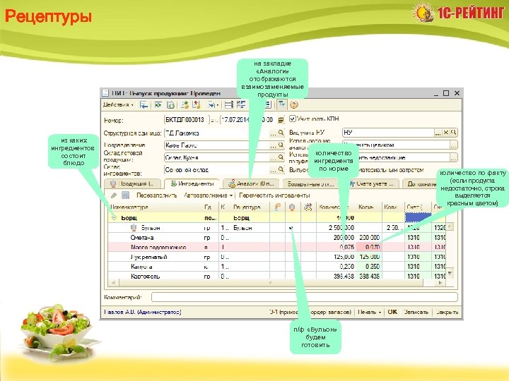 Рецептуры на закладке «Аналоги» отображаются взаимозаменяемые продукты из каких ингредиентов состоит блюдо количество ингредиента