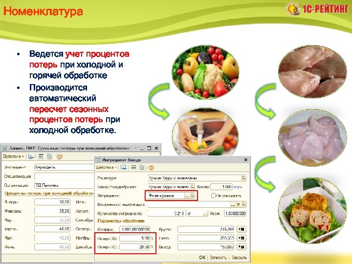 Номенклатура • • Ведется учет процентов потерь при холодной и горячей обработке Производится автоматический