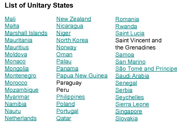 List of Unitary States Mali Malta Marshall Islands Mauritania Mauritius Moldova Monaco Mongolia Montenegro
